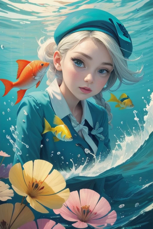 Create me a Image of a cartoon fish painting a white canvas in the sea. The fish needs to hold a palette and the palette needs to hold different colors. The fish also needs to be wearing a beret. 