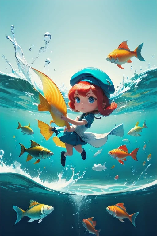 Create me a Image of a cartoon fish. The fish is painting on a white canvas in the sea. The fish needs to hold a palette and the palette needs to hold different colors. The fish also needs to be wearing a beret. 