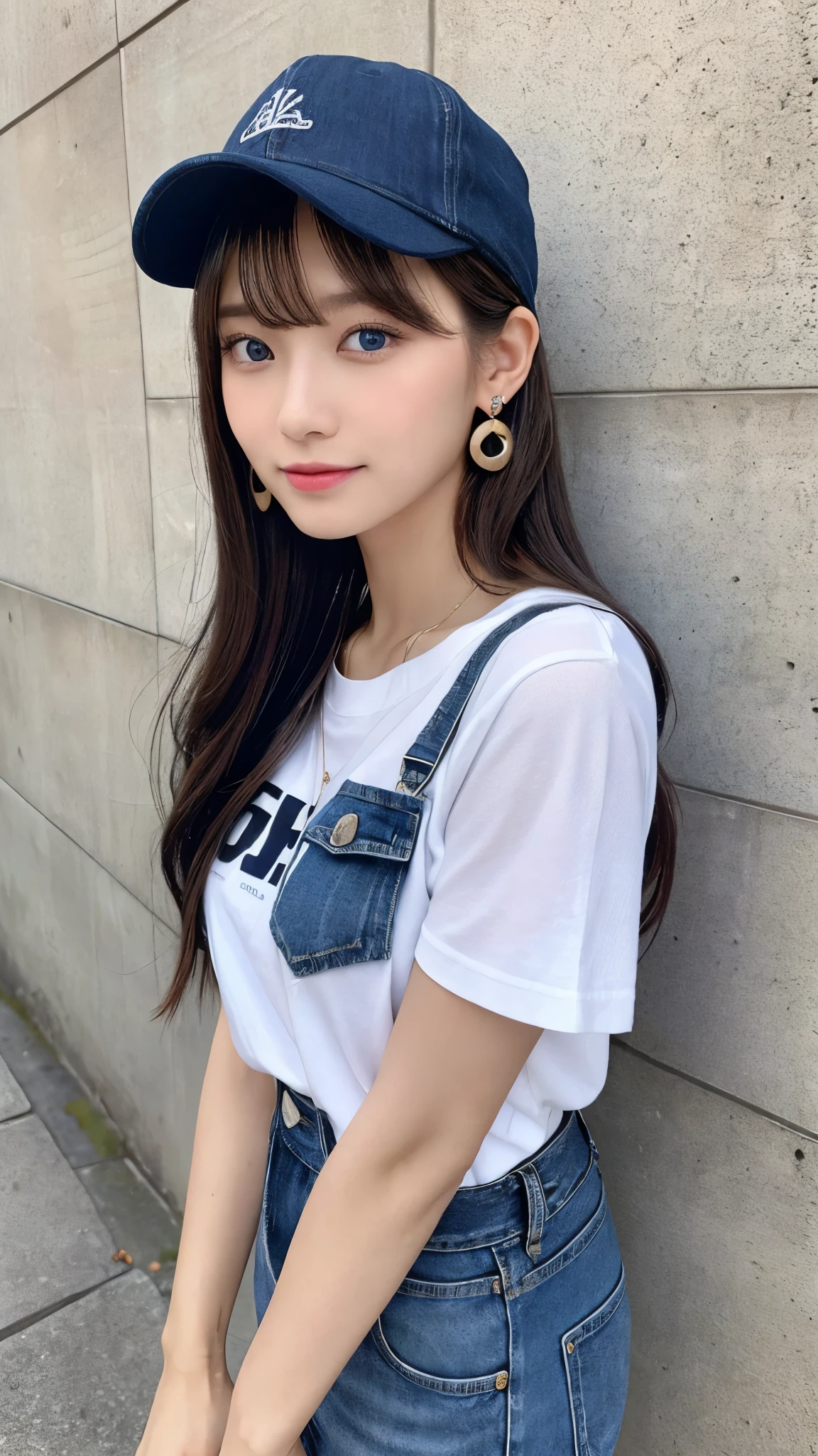 logotShirt One girl, Flat-chested earrings, Brown Hair, Brown strap watch
