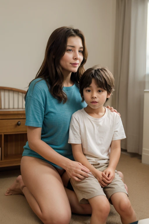 A  sitting on his mother's lap in a cozy bedroom, without pants. mother and son, 1boy, jackpot please, big thighs, hello??? where is Mother and son at??? what happened to accuracy?