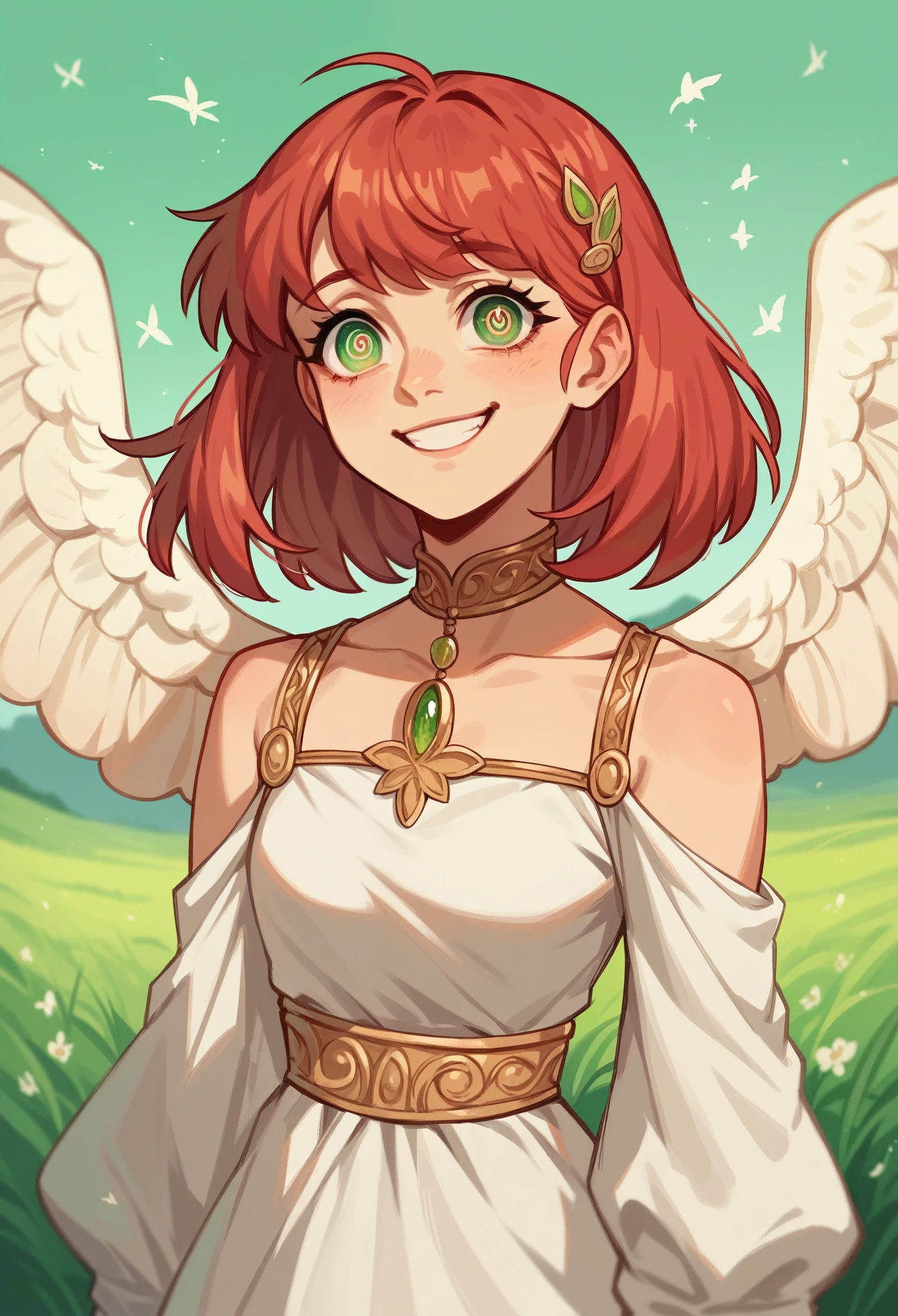 165cm, red hair, white dress, Standin in a green field , sunny day, Charmin smile, angelic eyes