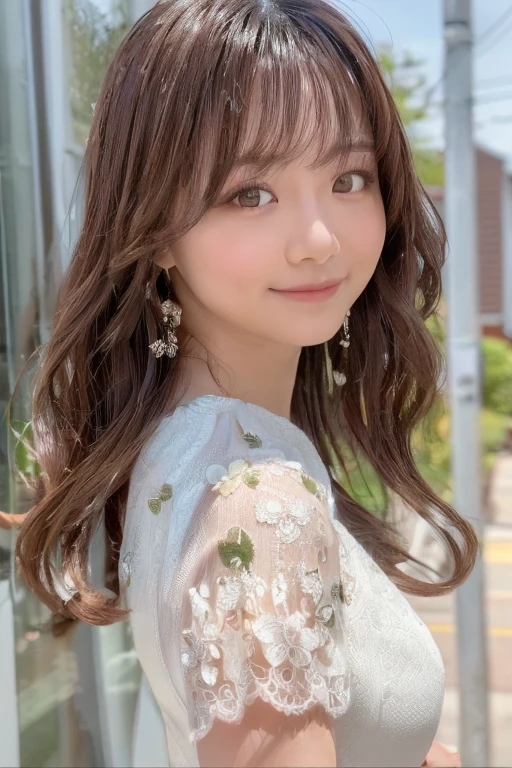 a beautiful japanese woman with wavy brown hair and bangs, sensual curvy figure, wearing a soft white dress, standing in an empty suburban street, (best quality,8k,masterpiece:1.2),ultra-detailed,(realistic,photorealistic,photo-realistic:1.37),cinematic lighting,intricate details,elegant,graceful,Serene,feminine,happiness/joy, smile, 