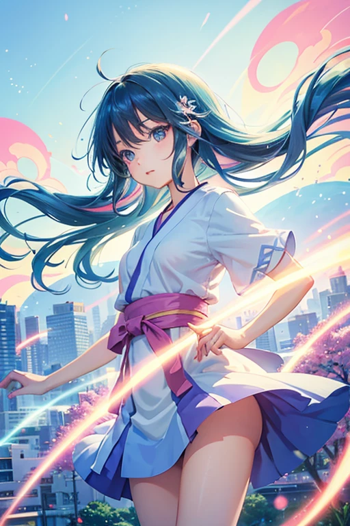 美しいアートワークのIllustration, Dreamy psychedelic anime, colorful! Character Design, Japan anime,The background is a summer blue sky and cityscape. There are trails of light around the girl, which represent the flow of time. The atmosphere evokes warm sunlight and a refreshing breeze. The soft touch and vivid colors are reminiscent of Studio Ghibli. The girl&#39;s expression is a mixture of surprise and joy. Her hair and uniform skirt are fluttering in the wind. The composition has a sense of perspective.、Girl is in focus at center of screen　Handwritten style　Illustration