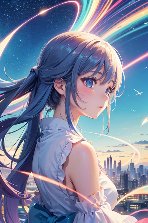 美しいアートワークのIllustration, Dreamy psychedelic anime, colorful! Character Design, Japan anime,The background is a summer blue sky and cityscape. There are trails of light around the girl, which represent the flow of time. The atmosphere evokes warm sunlight and a refreshing breeze. The soft touch and vivid colors are reminiscent of Studio Ghibli. The girl&#39;s expression is a mixture of surprise and joy. Her hair and uniform skirt are fluttering in the wind. The composition has a sense of perspective.、Girl is in focus at center of screen　Handwritten style　Illustration