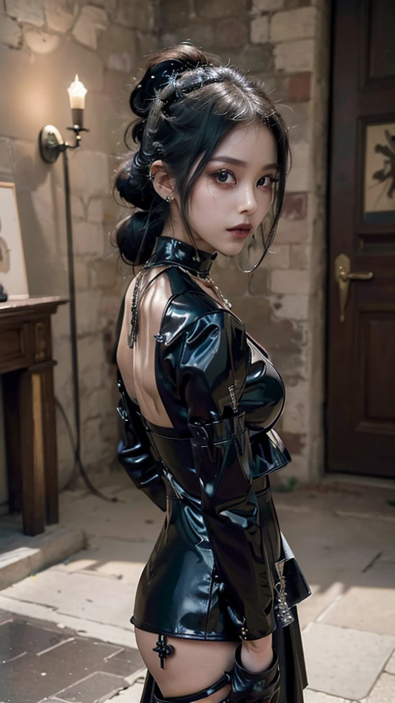 ((top quality, 8 thousand, masterpiece:1.3)), young oriental woman, The magnificent cathedral, A giant cross hanging on the wall, (Huge breasts: 1.1), black latex clothing, laugh, Inside the cathedral, Hair tied up, Pray, Cross Necklace, goth makeup