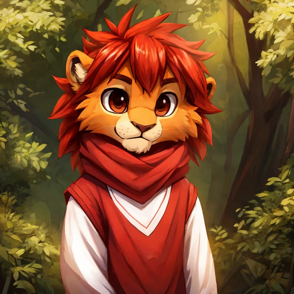 a medium close-up anthropomorphic orange fur lion, red hair, brown eyes, furry, high quality, high quality furry art, casual clothes, chibi style.