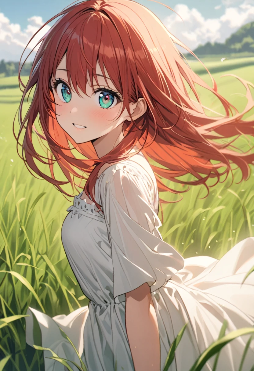 165cm, red hair, white dress, Standin in a green field , sunny day, Charmin smile, charming eyes
