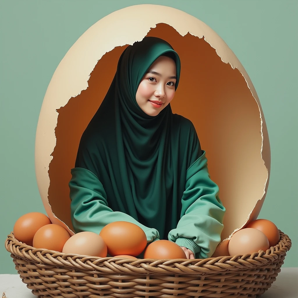 Beautiful Korean woman wearing a hijab, wearing a yellow crop top with the words "Madu Alami SJ MORBEY", right hand holding a long eggplant, at the end of the eggplant there are drops of condensed milk, left hand looking up, white begron
