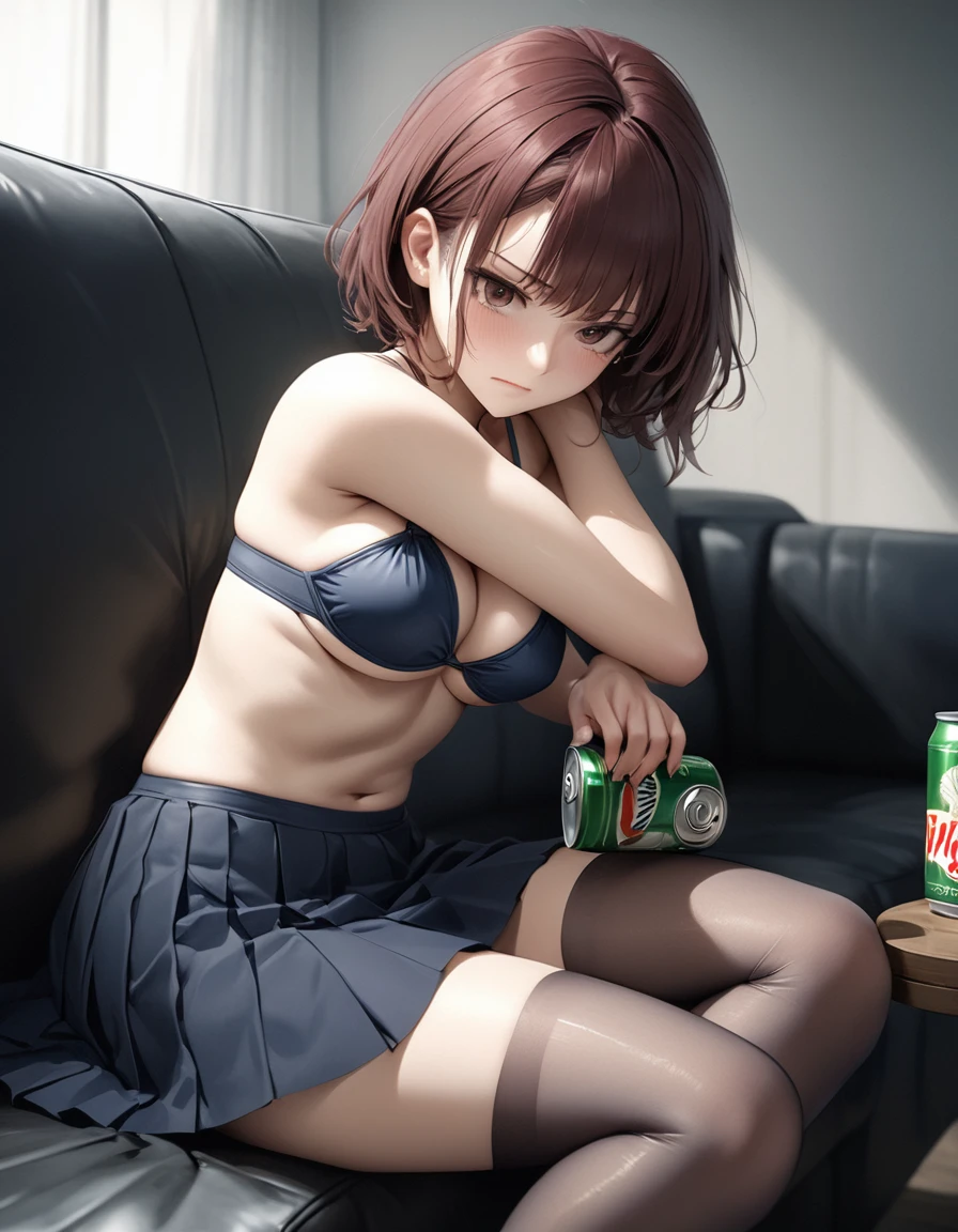 1girl, career woman in her 30s, short permed hair, navy skirt, tired expression, taking a canned beer from fridge, holding beer can in right hand, sitting on black sofa with legs spread 140 degrees, arms on sofa back, angry facial expression, (best quality,4k,8k,highres,masterpiece:1.2),ultra-detailed,(realistic,photorealistic,photo-realistic:1.37),highly detailed portrait, dramatic lighting, cinematic mood, muted color palette, oil painting style, sitting deeply on a black sofa with her genitals thrust forward and her left and right legs wide open 120 degrees)), her hands clasped behind her head, and the wine red color of sheer stockings covering her bust Bikini:1.2)),((tight bikini)) wearing a very small bra