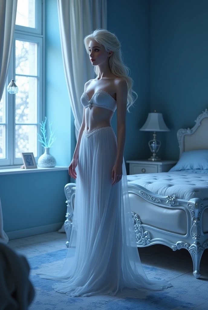 Hyper-realistic photo of a professional model with pale skin posing for a fashion photoshoot. Beautiful model in transparent floral lace night short dress, slender figure, beautiful large breasts, covered in transparent veil, lots of body exposure, full body image facing forward, fantastical painting-like image, silver hair, white translucent skin, long false eyelashes, sitting on a chair facing forward with legs apart, facing forward and legs apart to show crotch , blue pastel transparent floral lingerie, glass high heels,