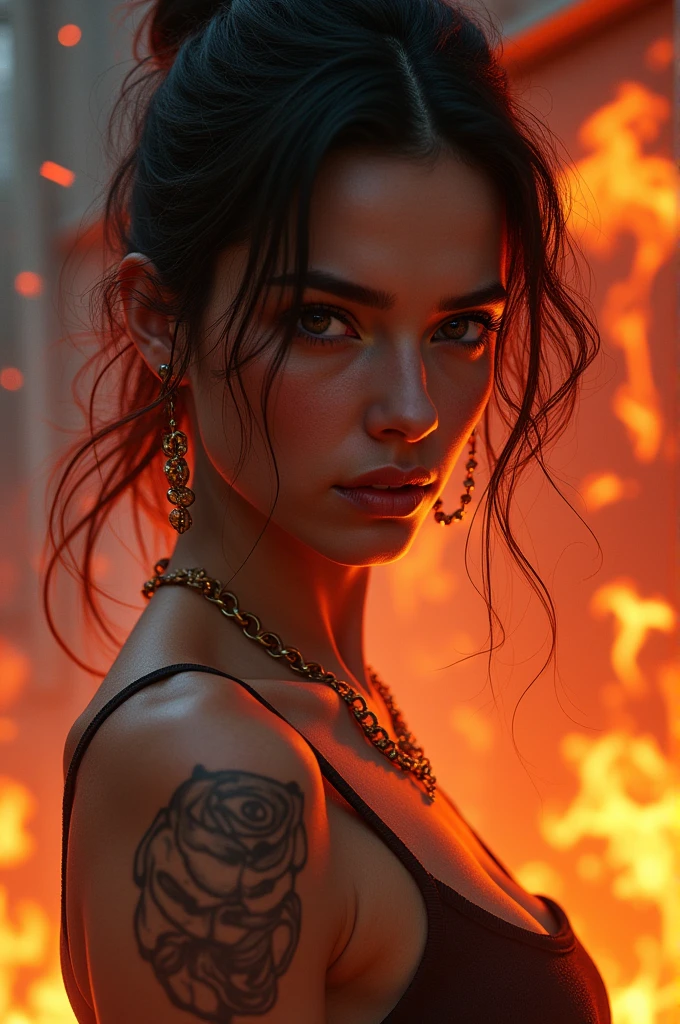 A photorealistic 4K cinematic image of a strikingly bold woman, captured in a dramatic, fiery setting that feels like a powerful movie trailer. She stands confidently, her intense gaze locked forward, exuding strength and charisma. Her outfit is a creative blend of modern and edgy elements, designed to catch the eye.

The woman has long, dark hair that falls messily around her shoulders, slightly wet and glowing with the reflection of surrounding embers. She wears a deep red, leather bralette with intricate black lace details that complement her bold and rebellious character. Around her neck, a thick, metallic choker with a subtle futuristic design adds a touch of cyberpunk flair. Her left arm displays a detailed tattoo, partially illuminated by the soft, fiery light, while her ears are adorned with large, industrial-style earrings.

The background is a warm, golden haze with floating embers, creating a surreal, almost ethereal atmosphere. Soft trails of smoke rise from her lips, as if she’s exhaling fire, adding to the intensity and drama of the scene. The lighting casts deep shadows, highlighting her fierce expression and the intricate details of her outfit, giving the entire image a powerful, cinematic quality.

[Lighting: Warm, fiery glow with deep shadows] [Camera: Close-up, cinematic framing] [Resolution: 4k, hyper-realistic] [Style: Bold character, edgy fashion, cinematic intensity] [Inspiration: Action movie trailers, Cyberpunk aesthetics, Surrealism].

