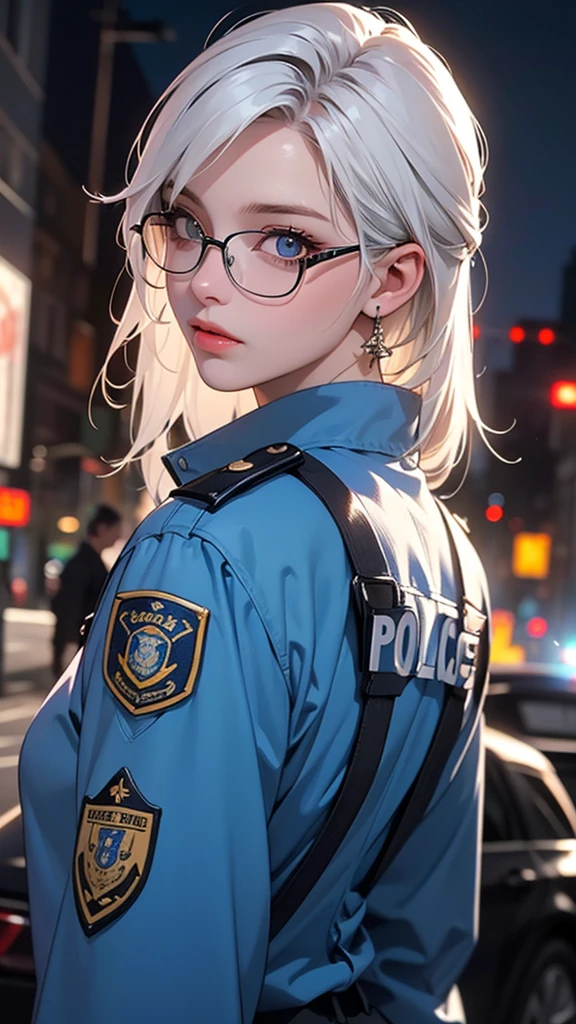 Solo, (Police Uniform, policewoman), Stockings, City lights, (gaze at the audience: 1.3), Lips apart, Red lips, Shiny skin, dent in the skin, Best Quality, Ultra High Resolution, (Realism: 1.4),
