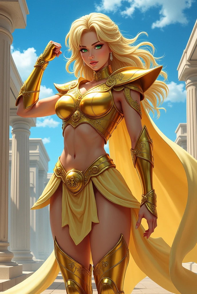 Jennifer Lopez as the cartoon character SHE RA,golden armor,sword,land of eternia,