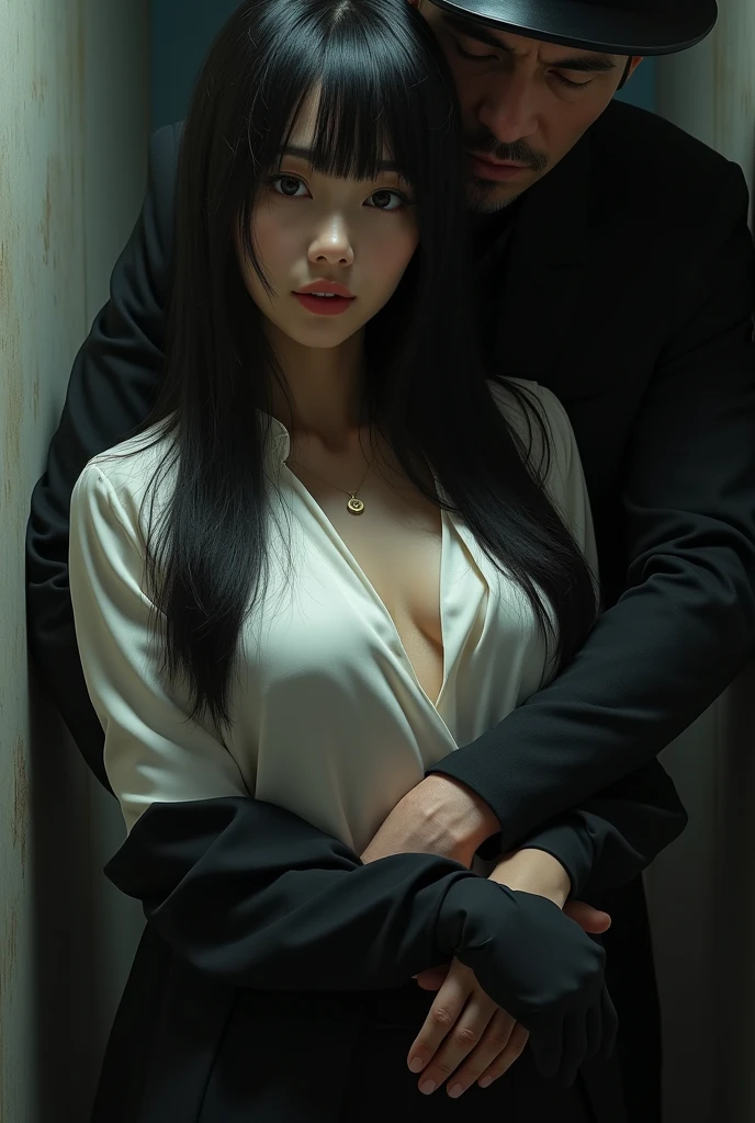 woman raped by man,naked woman,frightened woman,A man touches a woman's breast while smiling evilly,((dark alley))