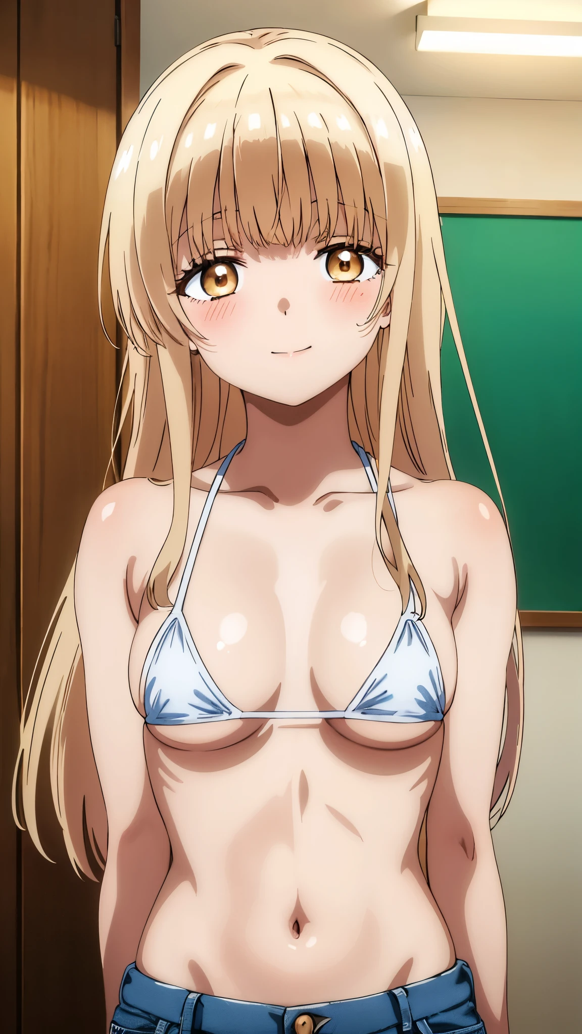 ((masutepiece, Best Quality, High resolution, anime screen cap, anime colours, in 8K, anime keyvisual)):1.5, Asuna, 1girl in, Cute, Shy smile, (Light brown long hair:1.5), 14years, (Oversized large sagging breasts:1.5), cleavage, ((White Micro Bikini:1.5, Thin fabric)), Navel Ejection, Lower your arms, leaning forward, Upper body, ‎Classroom, ((Perfect Anatomy, beautifull detailed face, Beautiful detailed eyes, beautiful detailed hair, Beautiful detailed body)), thick outline, Beautiful outlines, black outlines