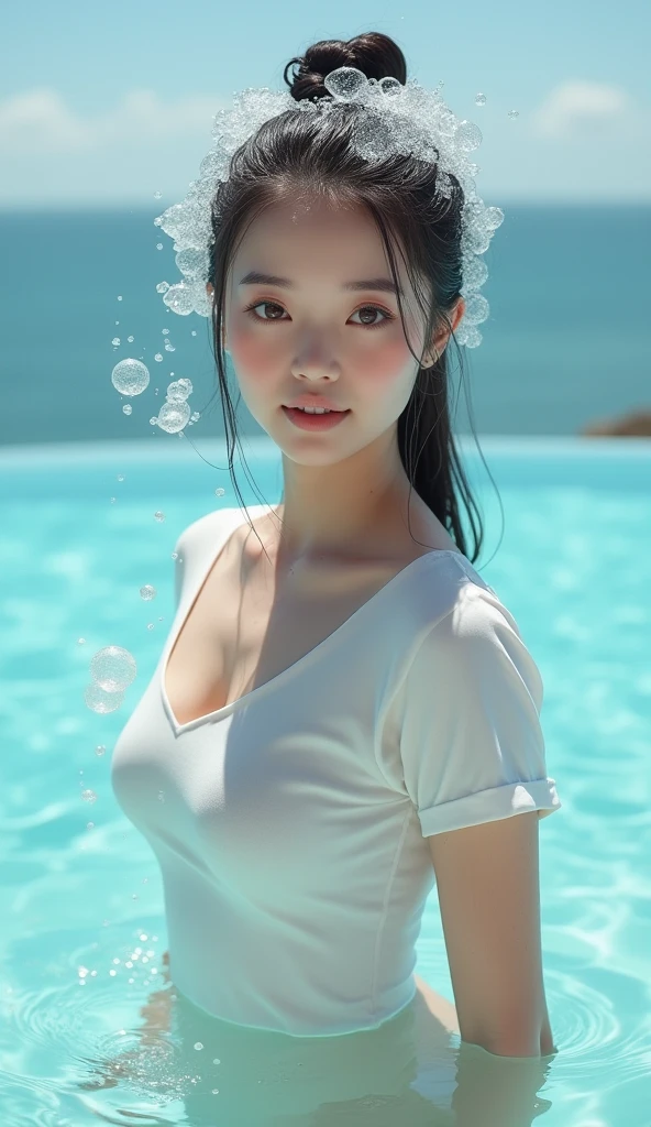 Create an Asian beauty,Standing in the middle of the swimming pool,Beautiful big eyes,Regular facial features,Normal limbs,Very white skin, and big ,Big ,Big ,Proud of your figure,White ice silk T-shirt,Hair in a bun,Washing hair with hands on head,There are a lot of real bubbles on the head,The hair is covered with white real foam,The expression is happy,Seaside swimming pool background,9:16 frames,Ultra HD painting