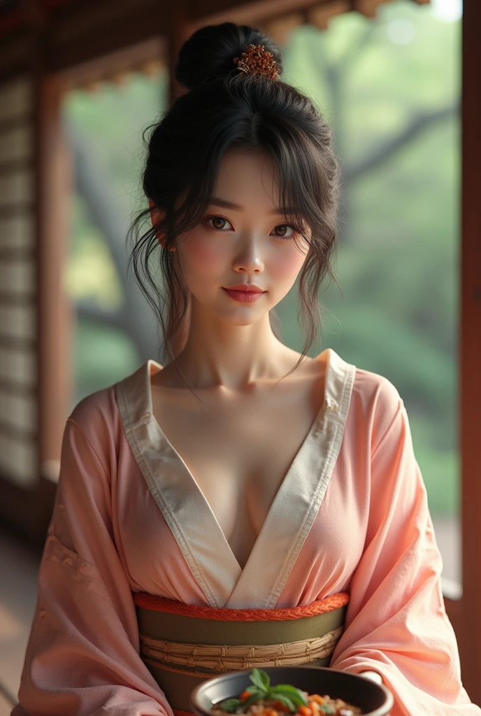 Japanese woman in a white printed kimono, High-quality full-body photos, Emphasize cleavage, Big Breasts,Push-up effect, Deep neckline, Bust Lift, Super sexy, Large breasts pushing out cleavage, Full, erect breasts, High quality photos,Film Texture,wallpaper