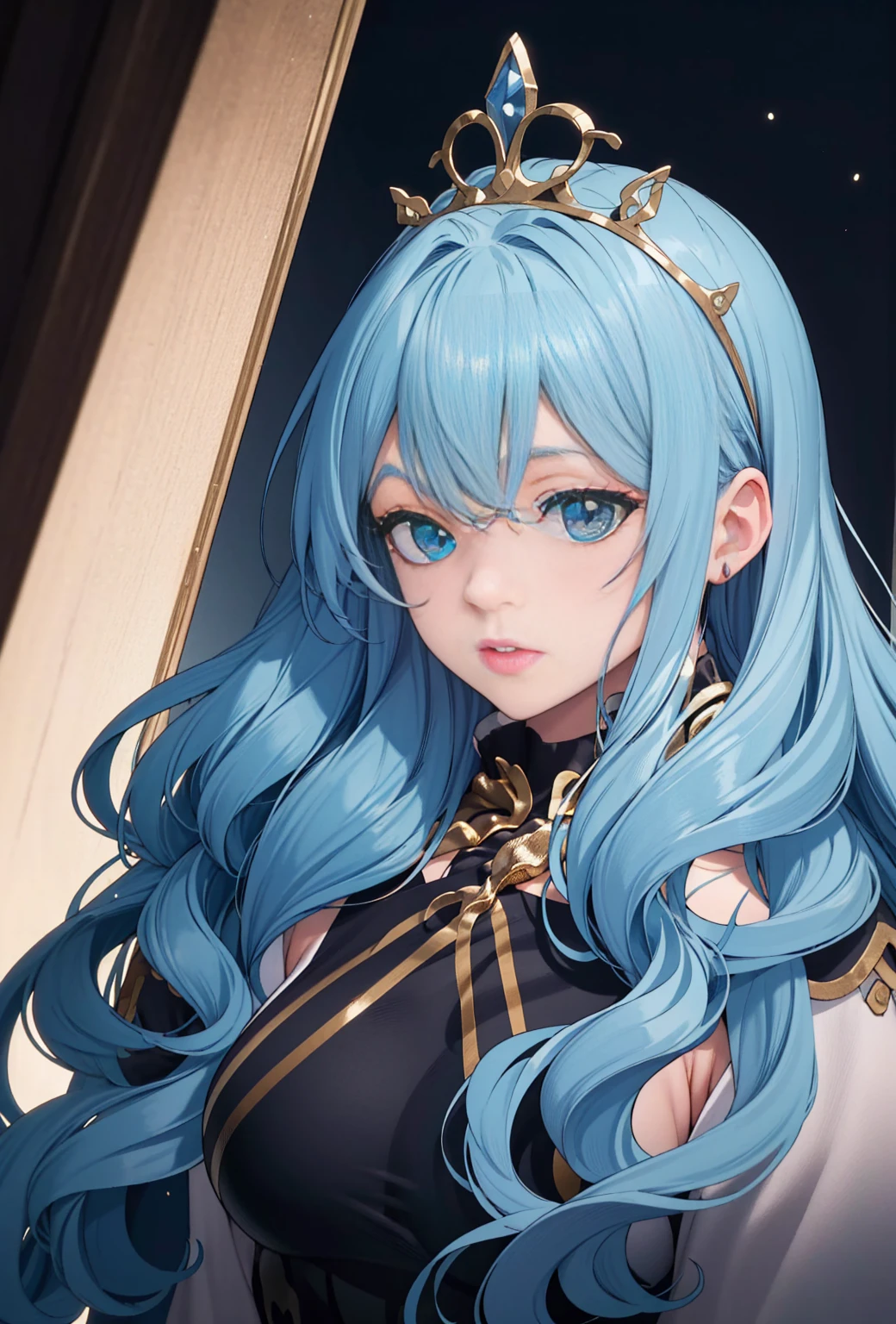 ((anime)), masterpiece, Best Quality, ultra detailed, longitud total, 1 woman, queen,(( blue hair, celeste)), ((long wavy hair)) In real women&#39;Steel plate armor with a pronounced chest and decorated with gold., Standing in the throne room, fantasy world