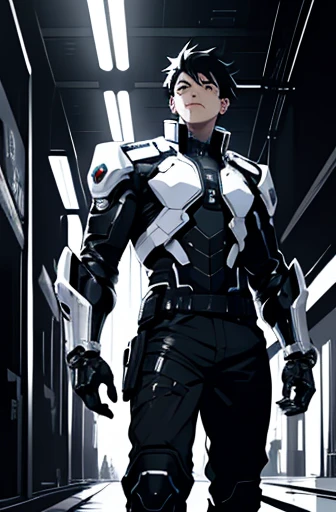 Black and White、Monochrome、No background、whole body, Anime boy in futuristic clothes、Black Hair, Cyberpunk Anime Boy, Mecha Cyber Armor Boy.