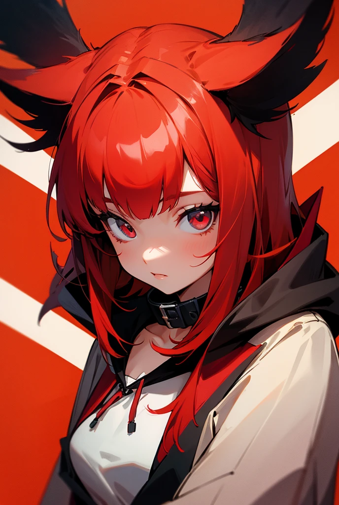 Black and red hair, red eyes, evil smile, wolf ears, nine tails, stockings, uniform, sexy