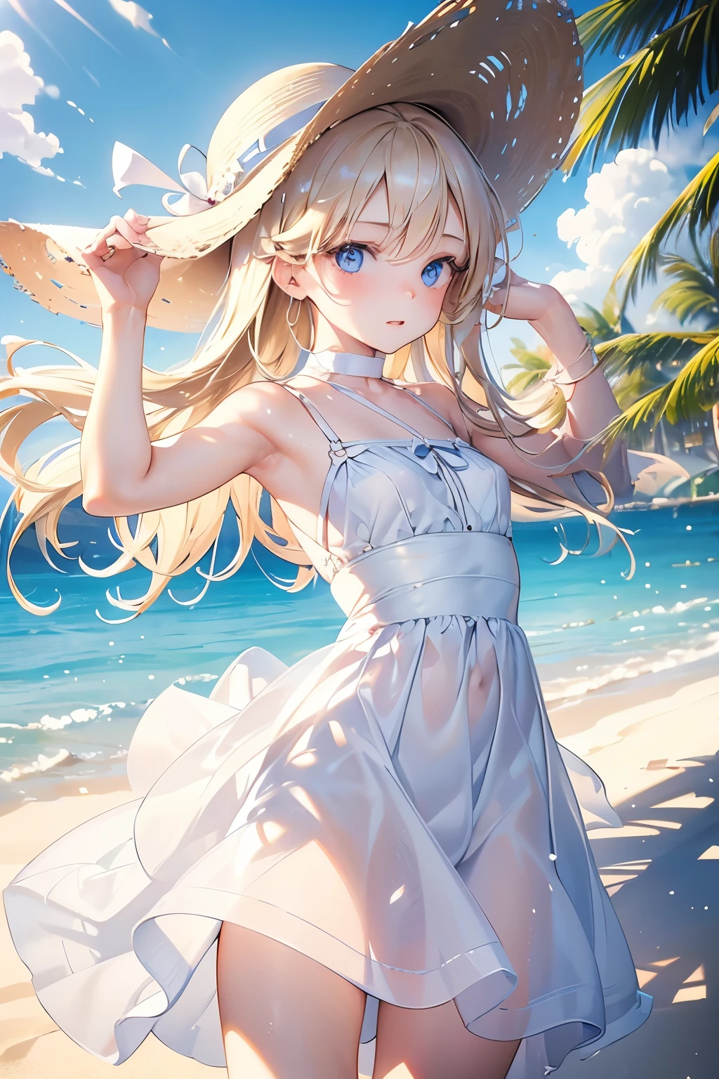 masterpiece,Highest quality,Very detailed,beautiful girl, ager,White dress,Straw hat,White sand beach,Small breasts,Narrow waist,Straight blonde hair,Perfect Blue Eyes,Very cute,Active pose
