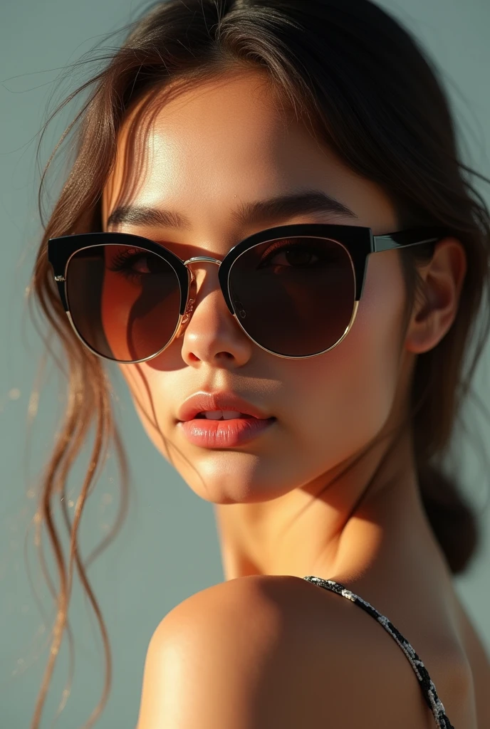 cleavage, a beautiful woman, from_above, close-up, crop top, detailed face, capezzolo ritto tette grandiyellow bodycon tank top, hair, park, sky, trees, pale skin, moonlight, stars, 1girl, statement sunglasses, big breasts ,petite, vivid colors, bokeh background, subject for emphasis,dramatic colors , hyperealistic, masterpiece, best quality, nsfw