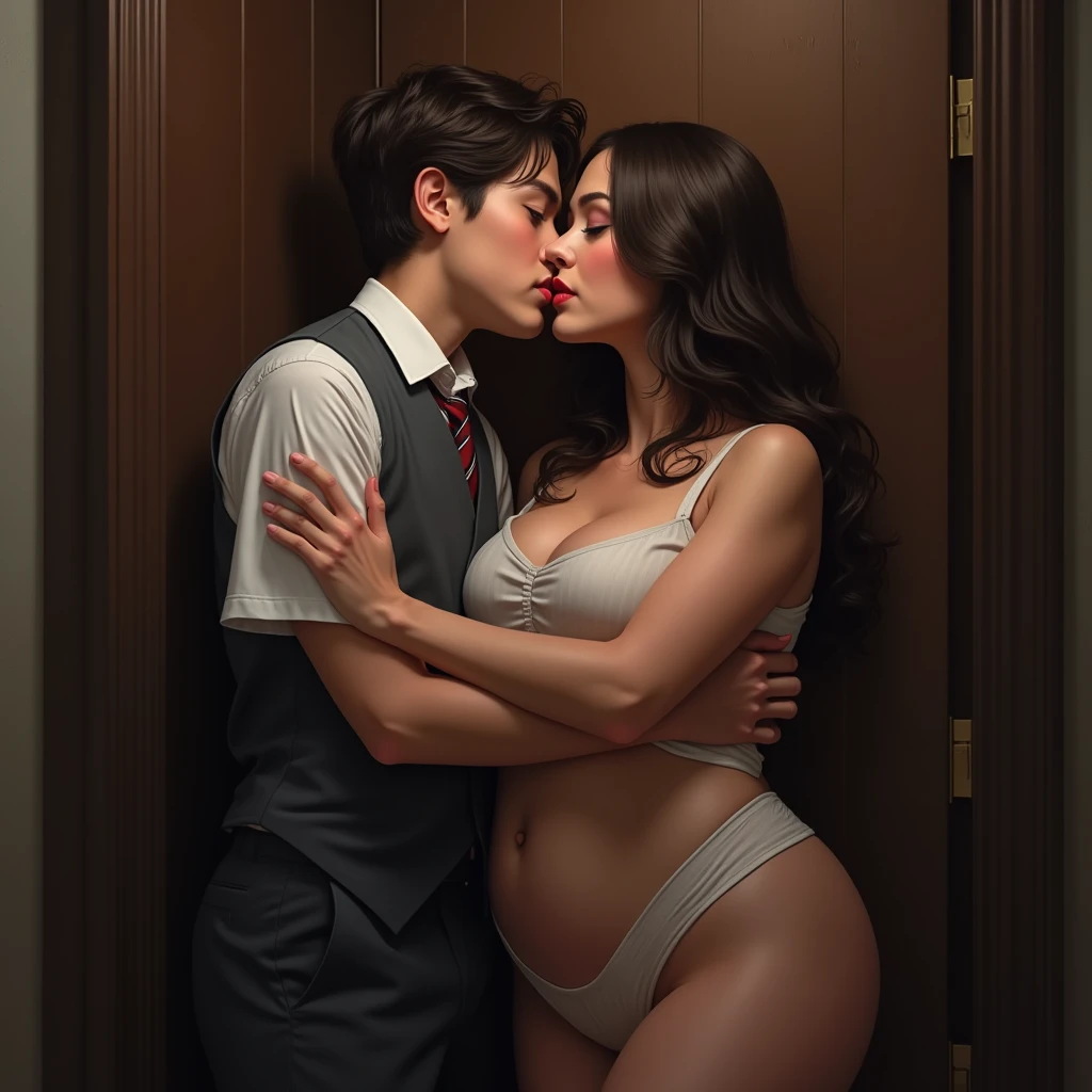 The man in his 55s with black very short hair and smooth face with moustache. The woman in her 55s with brown long wavy hair. In the study. Night, dark, dim. The man is wearing unbuttoned light blue shirt. The woman is wearing floral red dress. Doggy sex. The woman is moaning. Orgasm. Passion. Erotic. Ultra realistic.