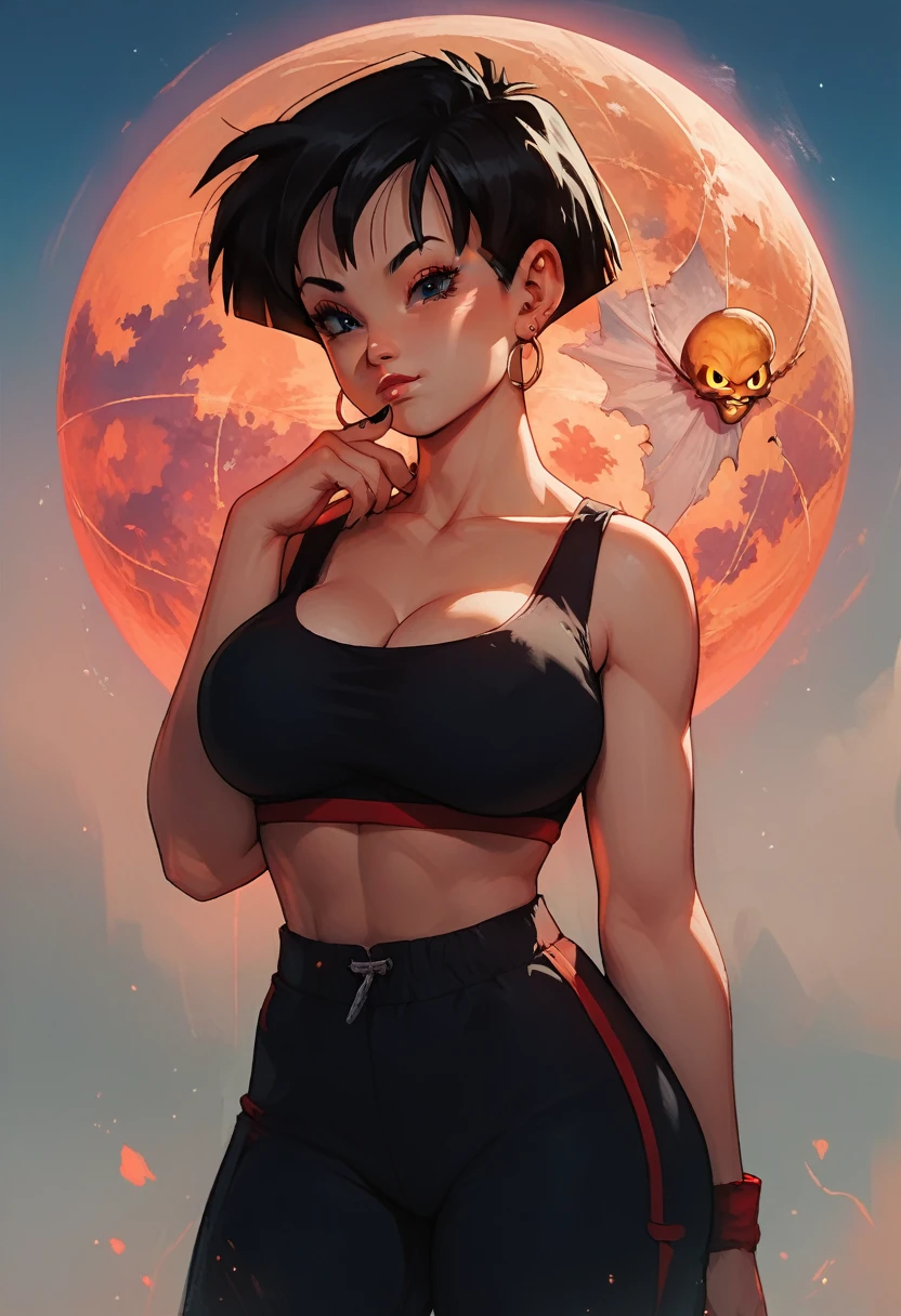 score_9, score_8_up, score_8, score_9, 1girl, source_anime, videl from Dragon Ball Z, short hair, detailed eyes, beautiful eyes, perfect breast, big breast, sport bra, thicc thighs, outdoor