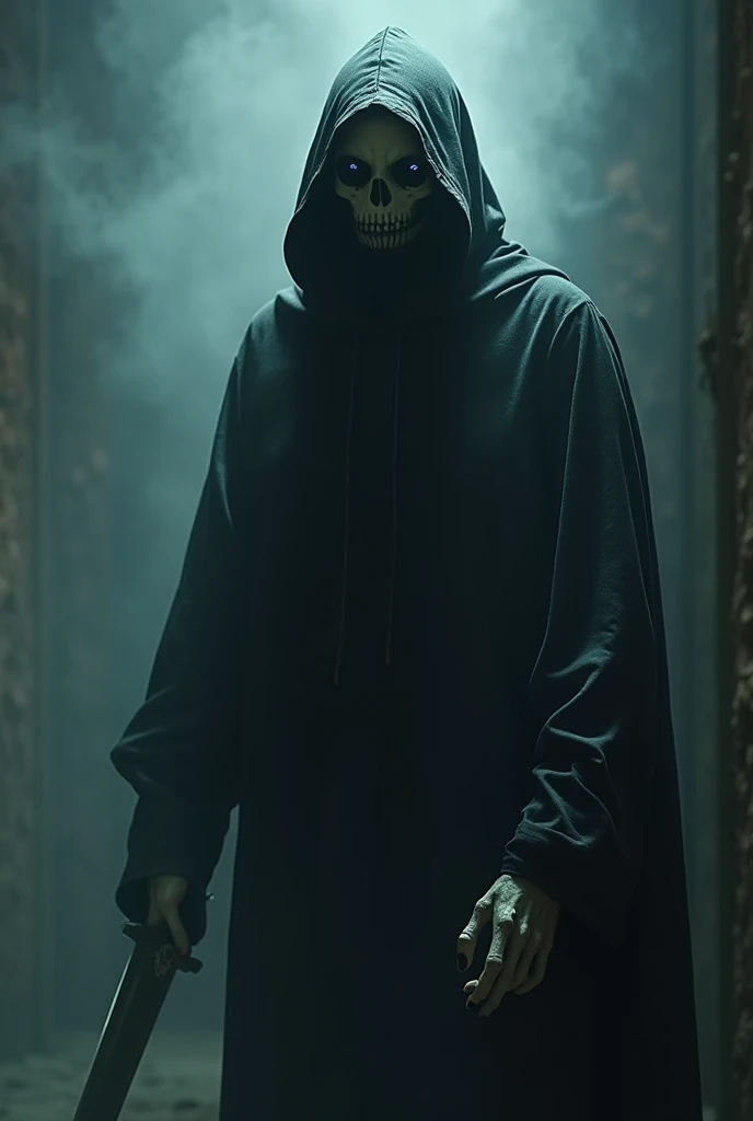 A man in a hood looking back over his shoulder with a skull mask only covering half his face