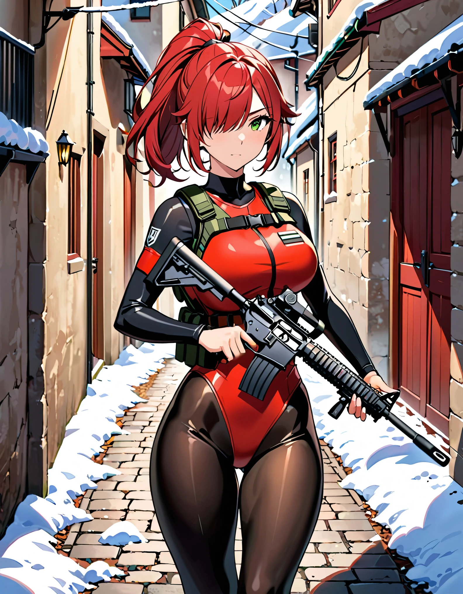 1 girl, Kikoru Shinomiya From Kaiju no. 8, green eyes, sexy, black tactical armor , holding a advanced rifle weapon, aiming her weapon, tied hair, cute hairstyle, serious look, sinister, facing away from viewer, tactical gear, tactical boots, tactical gloves, full body shot, beautiful eyes, large breasts, triple D cup breasts, round buttocks, bubbly buttocks, wide hips, bubbly ass, 