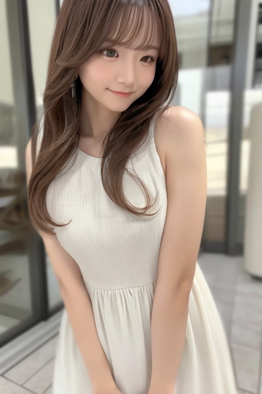 Realistic ((masterpiece 8k top quality))Japanese beautiful woman Brown hair wavy hair texture with bangs 2 sexy body g-cup soft light great details white soft dress at street
facing forward lovely pose 