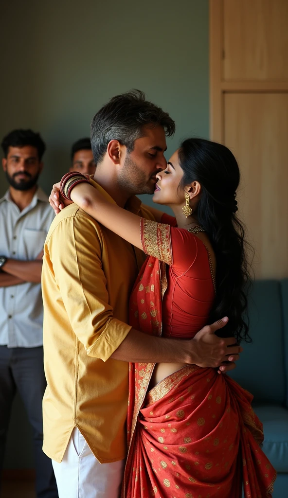 Beautiful and Slim, Sexy Indian woman in green blouse red saree lifting a large chubby man above her shoulders, man is sitting on woman's shoulders, in a bedroom with high ceiling, natural smile, woman is looking into the camera , full body image