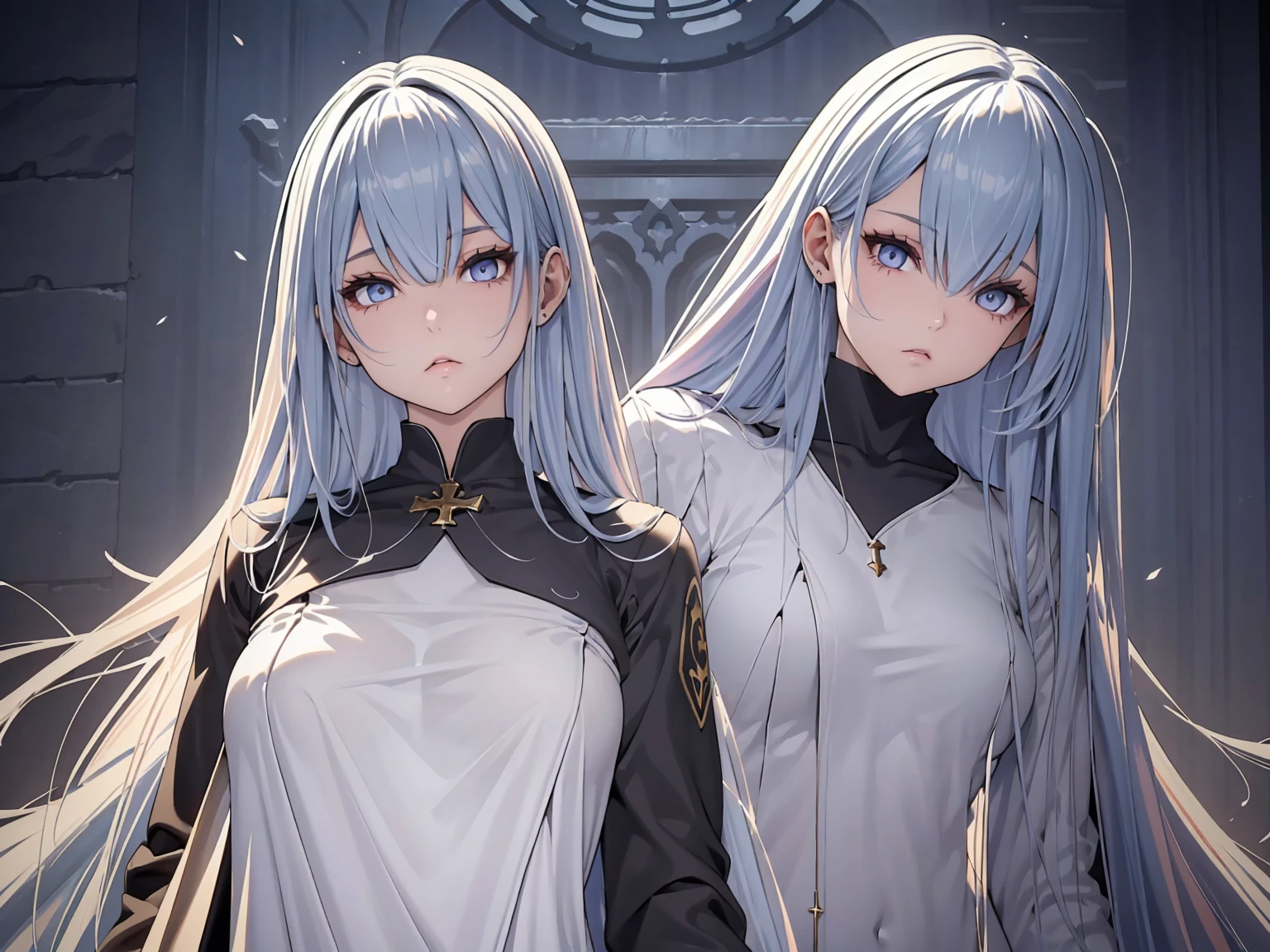 church,a girl,platinum long hair,Blue pupils,scarf,Split Sister Dress,Smile,Half open eyes,beautiful skin,glowing skin,Big breasts,moody lighting,sunny,8k,Ultra-detailed,masterpiece