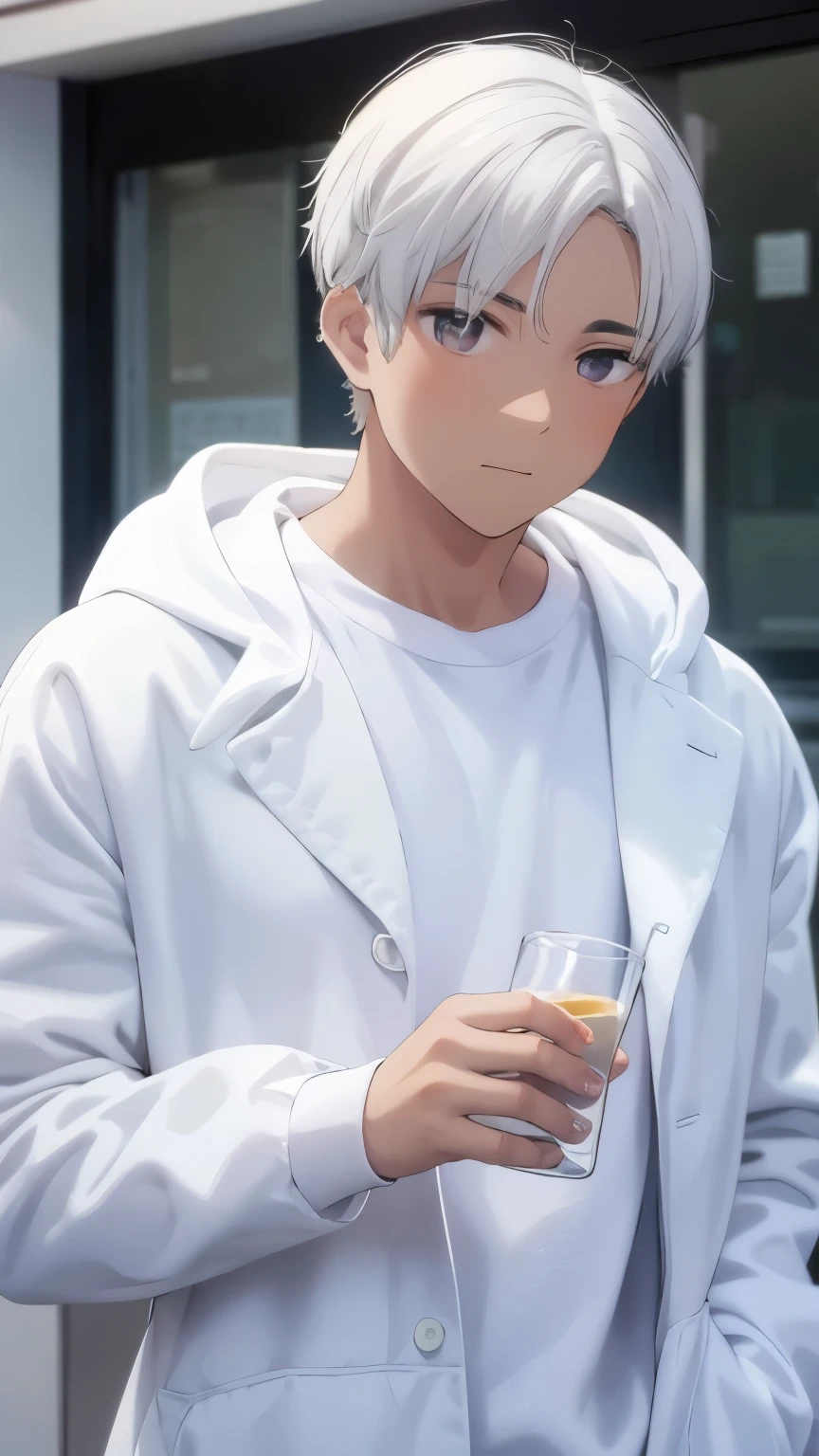 Masterpiece, Best quality,White hair，1 old man，Wearing a straw hat，White sleeveless undershirt，Black  shorts，sit on chair,By the porch，Realisticstyle,