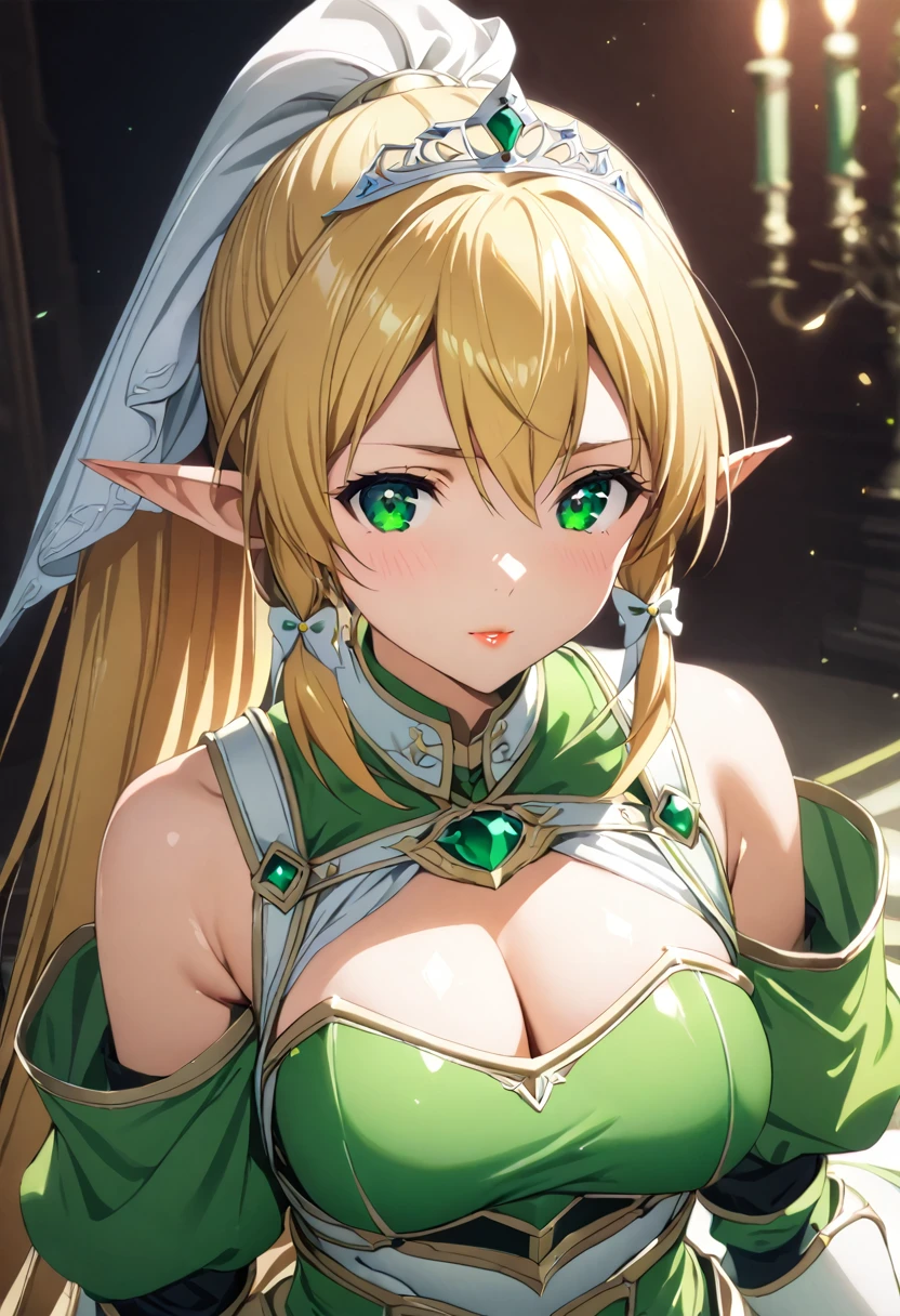 ((masterpiece)), Best Quality, Very detailed,(One Girl),Kirigaya Naoha, Long Hair, Elf Ears, Blonde, Hair accessories, Green Eyes, ponytail, Hair Tube, dress, green dress, gloves, [Bare shoulders, jewelry, Cleavage, Princess, elbow gloves,Tiara,brooch,white gloves、Adult female、thin、Very beautiful、Beautiful Face、(((Green and white armor、breastplate、Shiny Armor:1.2)))、Gold earrings、Gray Hair, Green Eyes, Pink Lips, Cowboy Shot