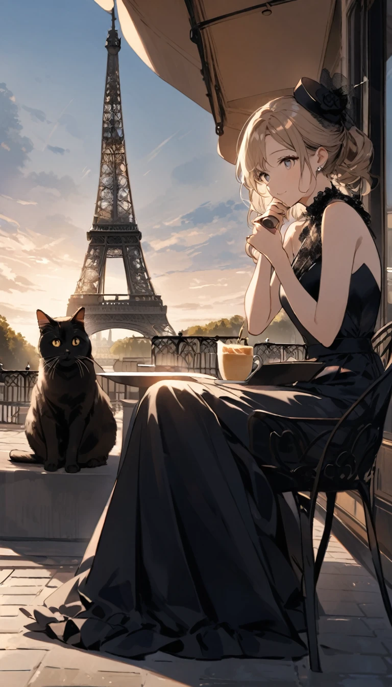 "In front of the Eiffel Tower in Paris、An elegant woman sitting on a cafe terrace、Holding a cat on one&#39;s lap。The Eiffel Tower stands in the background.、The evening sky is dyed orange and purple。The woman is wearing a classic black dress.、The cat has beautiful white and grey fur。Enjoying a romantic and quiet moment。"