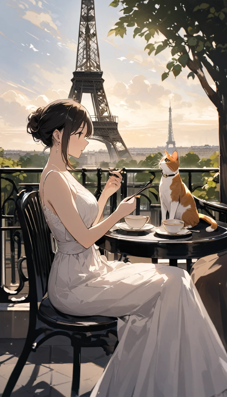 "In front of the Eiffel Tower in Paris、An elegant woman sitting on a cafe terrace、Holding a cat on one&#39;s lap。The Eiffel Tower stands in the background.、The evening sky is dyed orange and purple。The woman is wearing a classic black dress.、The cat has beautiful white and grey fur。Enjoying a romantic and quiet moment。"