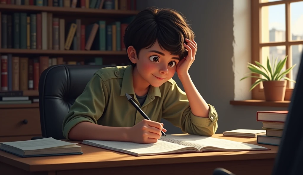 A boy sitting on a chair who weared a t-shirt named Astronomy. A white colour telescope on his table's corner. A green colour book on the table named Psychology.  The boy is looking at the book and solving a trigonometry problem.