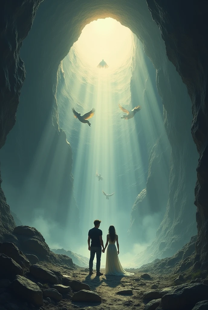 cartoon of a cave with a man and a woman in it, by Dali, epic biblical representation, by Dalí, epic art, conceptual art, (conceptual art), by Mstislav Dobuzhinsky, by Salvador Dali, destroyed human structures, surreal art, production art, dramatic art, deviant art, surrealism - n 9, hyper realistic.