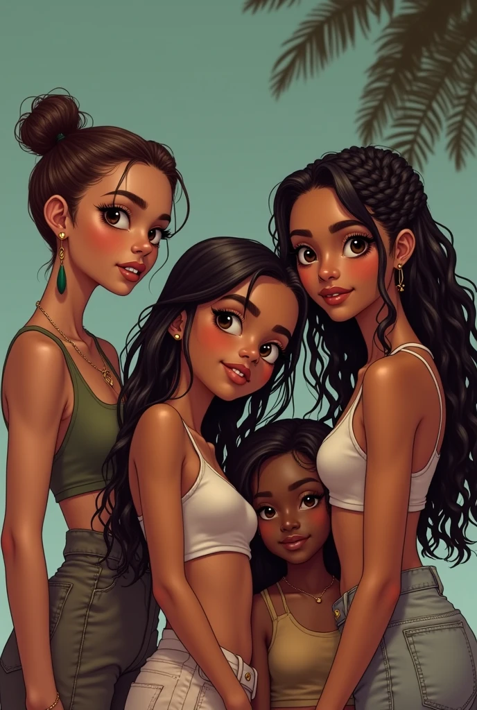 A single 3 woman, round face, thin eyebrows, rounded eyes, Wide nose, fine lips, long black hair, Full and wide body, short stature, clothing in sports shorts, Oversized shirt with a print that says I'm Miriam, small bust, highest