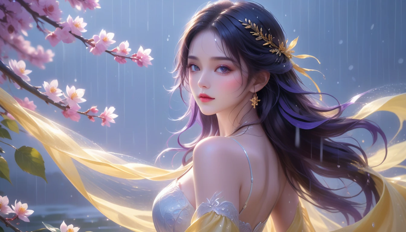 A Masterpiece In 32K Resolution, Supreme Quality, Super Detail, Official Art, Very High-Resolution 32K Wallpaper, Elegant And Aesthetic, Ultra-Detailed Features, Awe-Inspiring Detail. A Scene Of Serenity, With (Gentle Rain), (Soft Mist Rising), And Skin With A Satin-Like Texture (Highlight Her Ample Breasts). A Girl With A Calm Expression, Silky Raven Hair, Flowing Gracefully In The Breeze, And Deep Violet Eyes, Captivating The Viewer. Her Features Are Delicate And Radiant, Illuminated By (Golden Dawn Light). (Exquisitely Detailed Beauty), With Expressions Full Of Depth, Set In A (Mystical Atmosphere). The Reflections On The Wet Surface Enhance The Scene’s Sublime Details, With Body Shape Her Exquisite Highlighted In Every Aspect. This Original Artwork Features Ultra-Precise Craftsmanship, Displaying An Incredibly Detailed And Harmonious Figure.