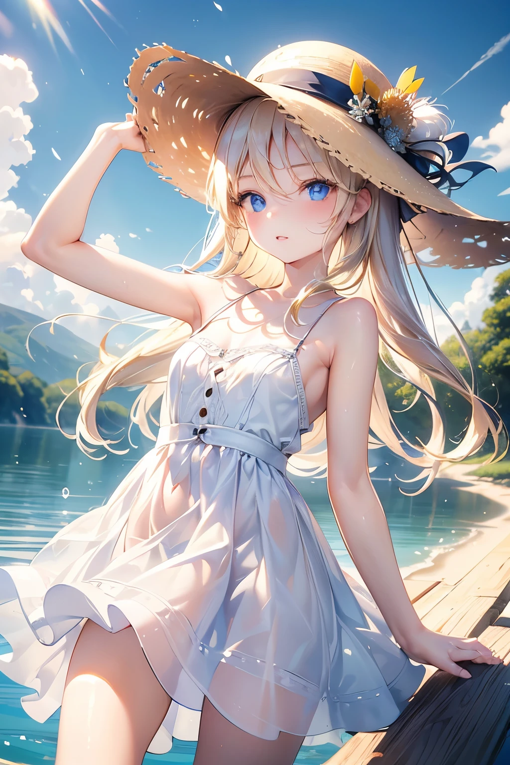 masterpiece,Best Quality,Very detailed,beautiful girl, ager,White dress,Straw hat,Lakeside in the highlands,Small breasts,Narrow waist,Straight blonde hair,Perfect Blue Eyes,Very cute,Active pose