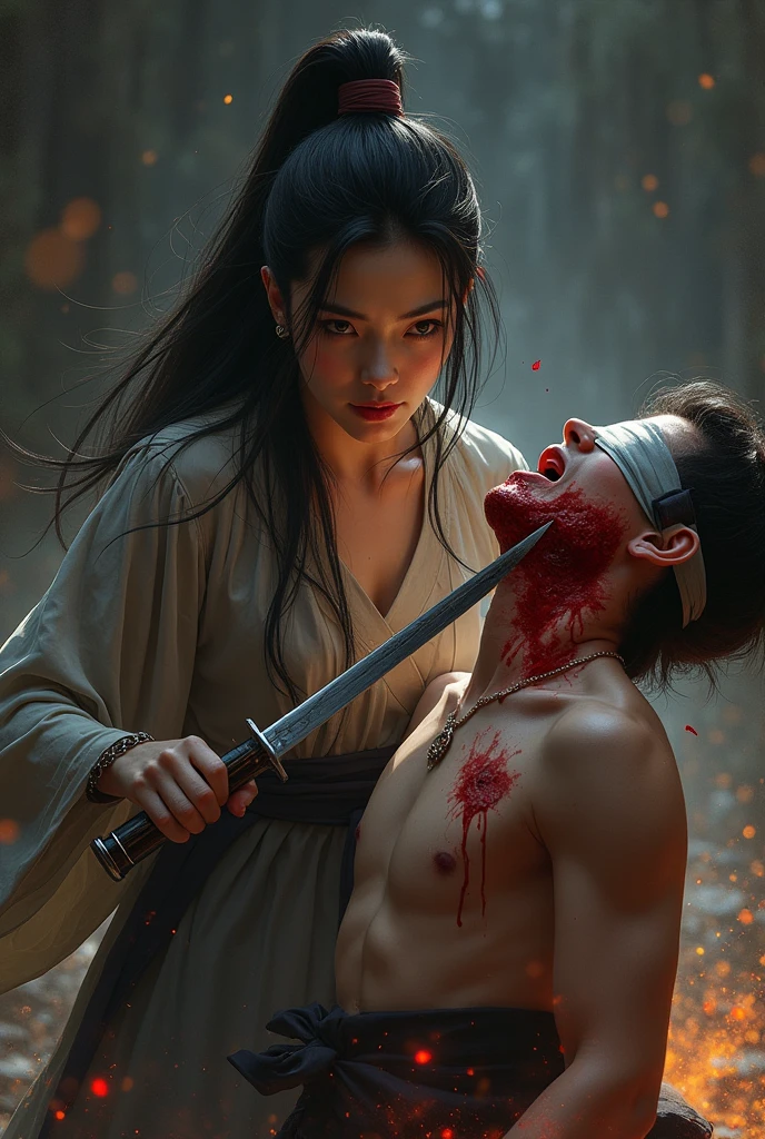 A very cute beautiful woman knife, cut throat A boy ninja neck bloody splash, full body, wide open throat, throat contents