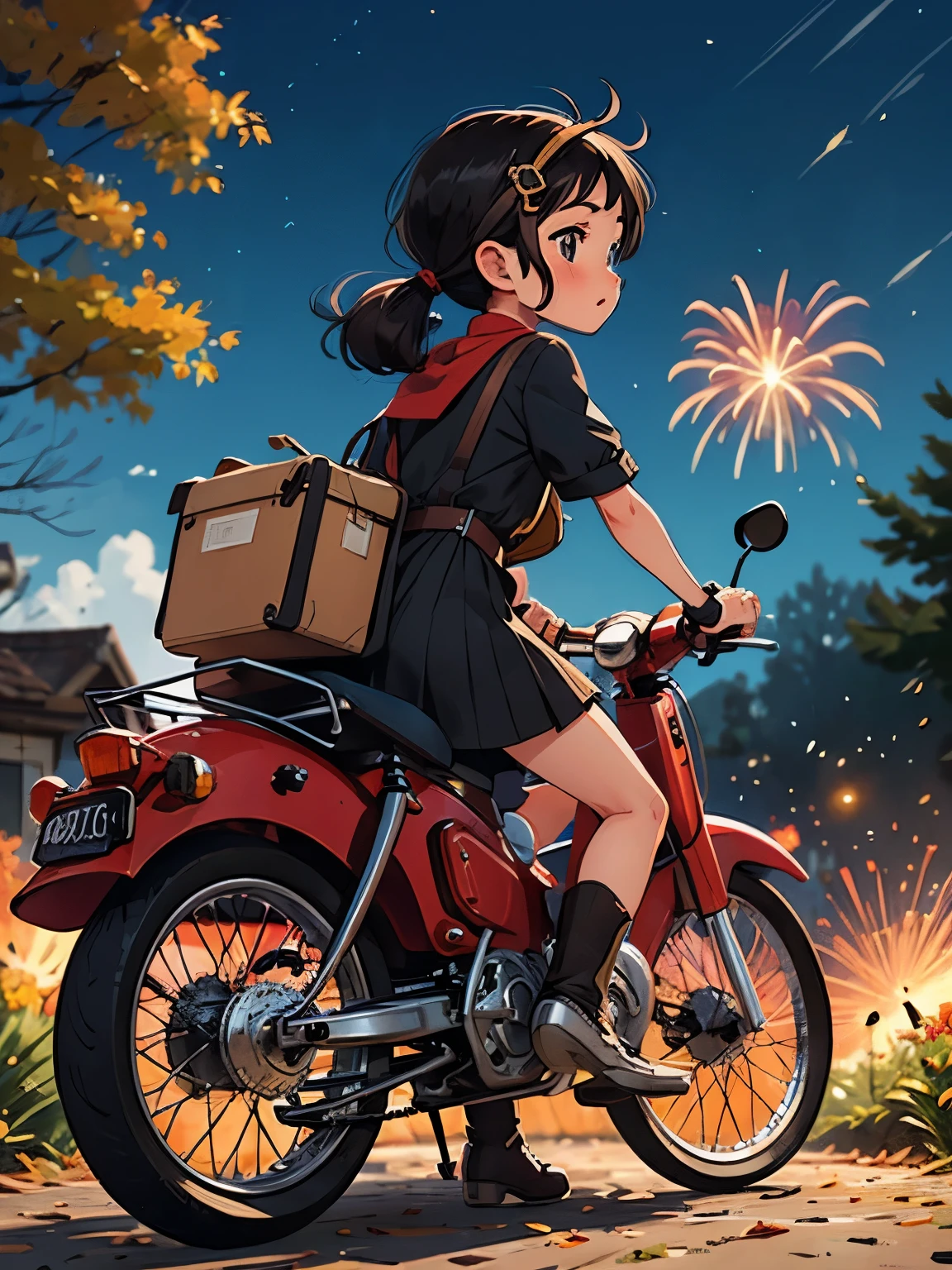 32K，UHD High Definition，Octane Rendering，Steampunk，(Ultra fine: 1.*****ung  riding a Super Cub，night，cute，Very short stature，Thin thighs，A small yellow Super Cub loaded with lots of luggage，Short dress，Semi-long twin tail hair，Black Hair，goggles，Black boots，Super Cub Details，To the Autumn Festival，Fireworks，Fireworks，Medium shot from behind,