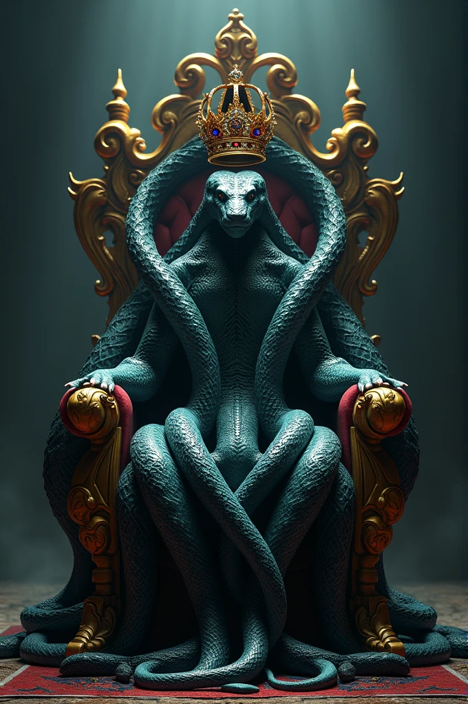 A half-human crocodile fighter wearing a black kimono, sitting on a throne holding a skull in his hand