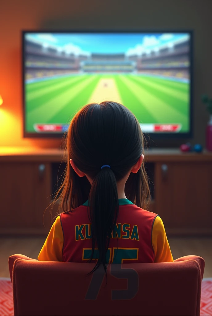 A teenager girl watching Australian cricket match in the hall room and wearing Australian jersey with name "ISHA" and number "49" sitting on sofa. like a cartoon