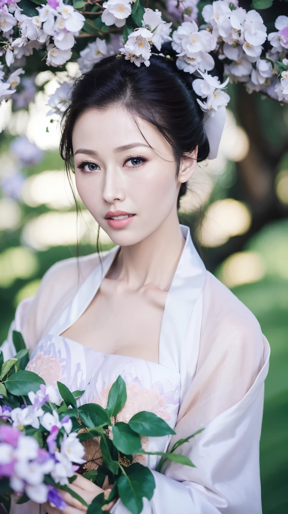 Fashion Model 2 [[[[Close-up cleavage]]]], [[[[breast]]]], [[[[Cole]]]], [[[[Shoulder]]]], Perfect eyes, Perfect Iris，Perfect lips，Perfect Teeth，Perfect skin，Long face，Soft headlight，HD girl,White ancient Chinese clothing，Hanfu，Background with green trees and purple flowers，（Pastel colors：1.2）