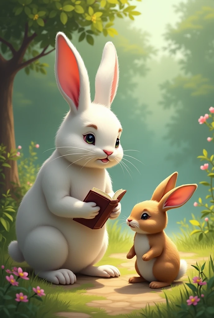 Cartoon big rabbit holding a book to tell a story to the little bunny bunny,The little rabbit sits on a stool,Two rabbits face each other, Cute bunny rabbit fur_Bunny, Chinese text, author:Central Plains South Tianfang, golden chinese text, Rabbit, author:Andō Tsukimichi, author:Maruyama Daikyo, japanese text, author:Gigadō Ashiyuki