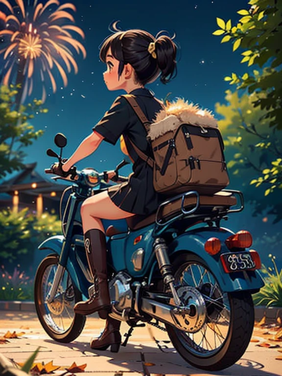 32K，UHD High Definition，Octane Rendering，Steampunk，(Ultra fine: 1.*****ung  riding a Super Cub，night，cute，Very short stature，Thin thighs，A small yellow Super Cub loaded with lots of luggage，Short dress，Semi-long twin tail hair，Black Hair，goggles，Black boots，Super Cub Details，To the Autumn Festival，Fireworks，Fireworks，Medium shot from behind,