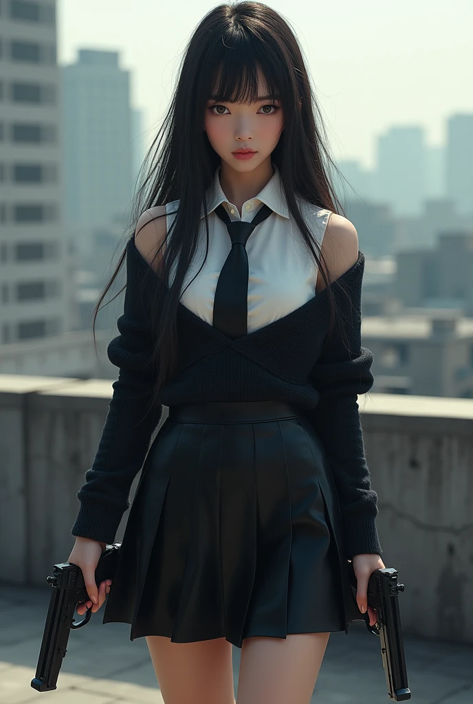 Chinese woman, long hair, collared shirt, dark off shoulder loose collar sweater with white long sleeve buttoned shirt on the inside, necktie, black skirt, holding dual pistol, rooftop